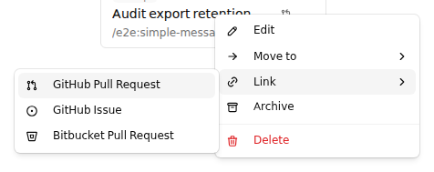 A task context menu with its Link submenu open, showing GitHub, GitLab, and Bitbucket targets in the shared host layout with provider-owned brand icons.