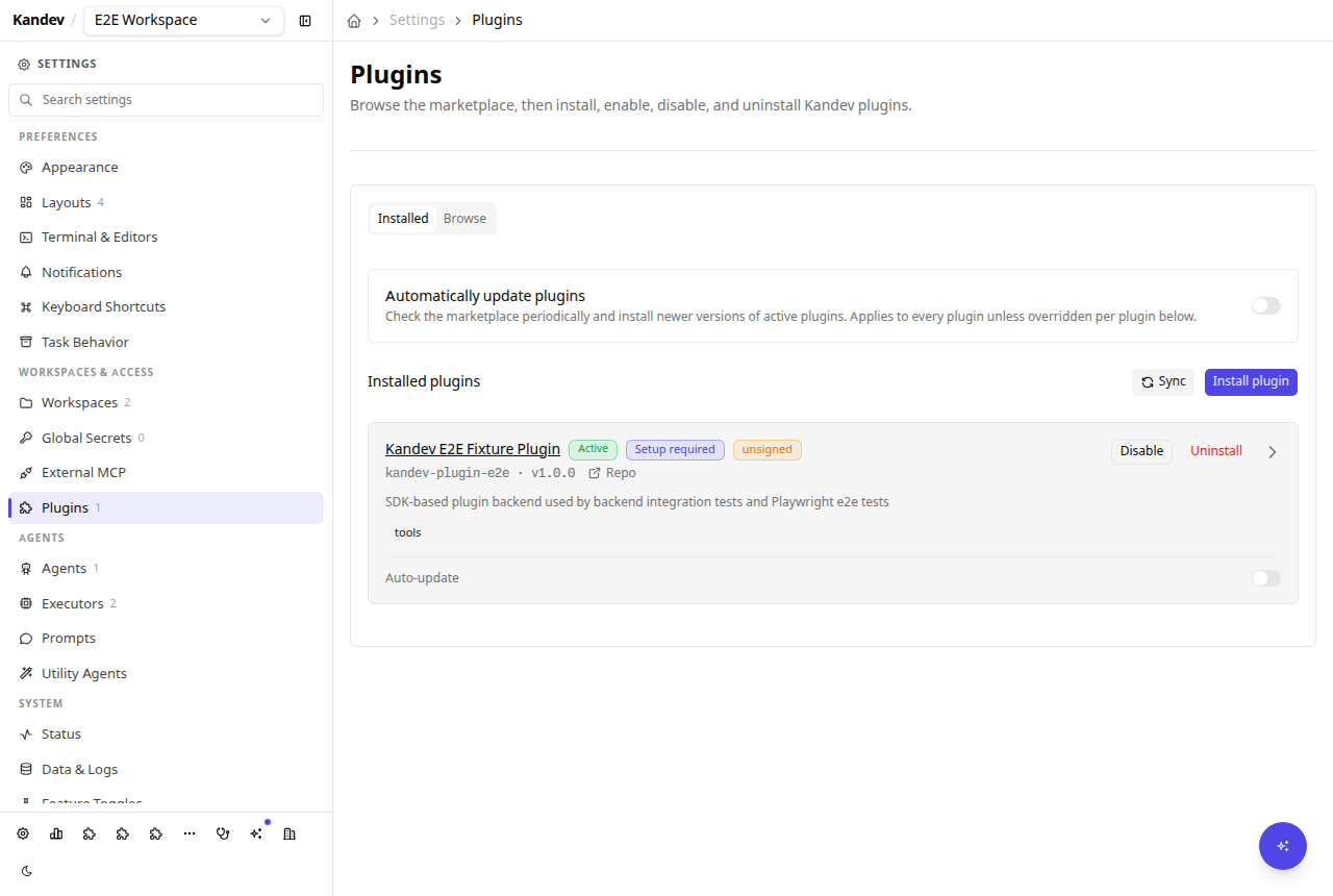 The Settings > Plugins page listing an installed, active plugin with its category, a Setup required badge, an unsigned badge, Disable/Uninstall actions, and a chevron opening the plugin's settings page.
