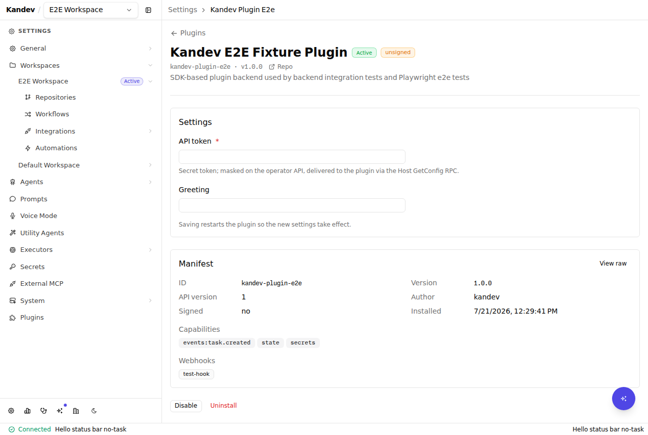 A plugin's settings page: a schema-driven form with a masked API-token field, a toggle, and a text field, above a Manifest card showing the plugin's id, version, signing status, and capabilities.
