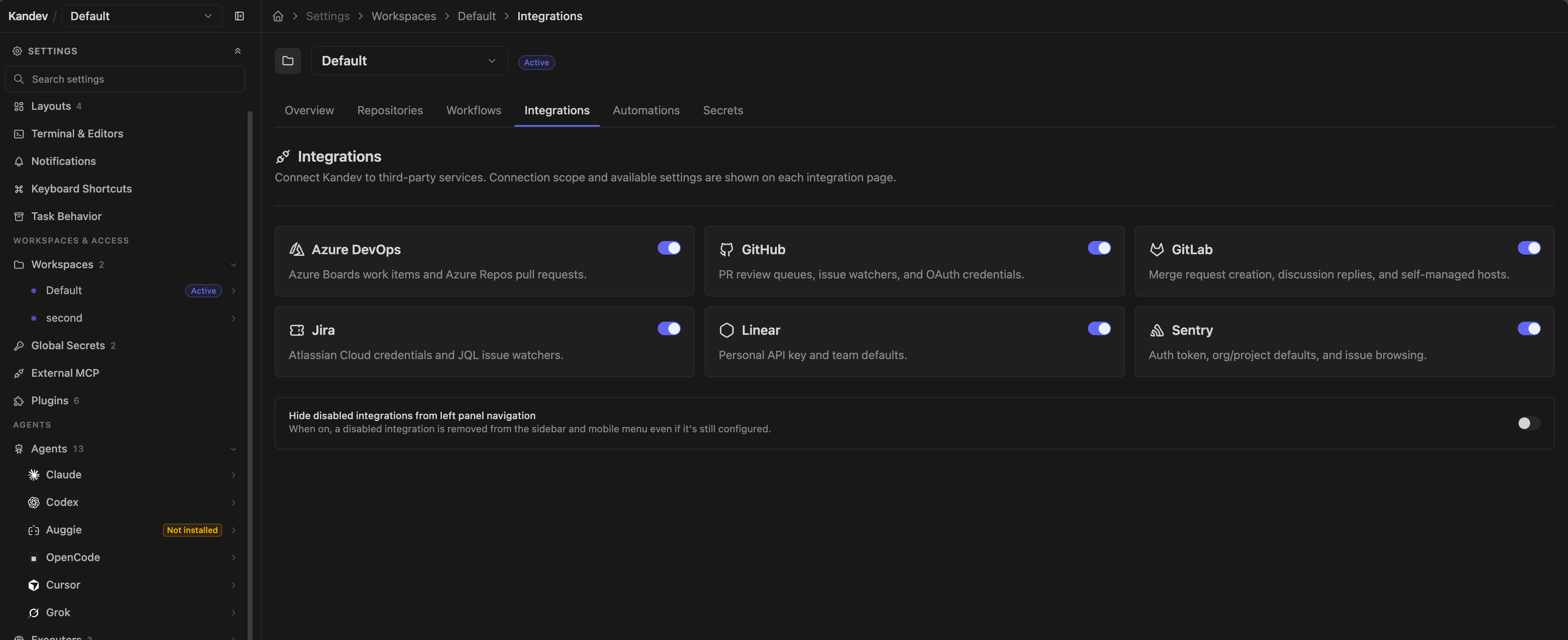 Settings > Workspaces > Default > Integrations showing Azure DevOps, GitHub, GitLab, Jira, Linear, and Sentry connections.
