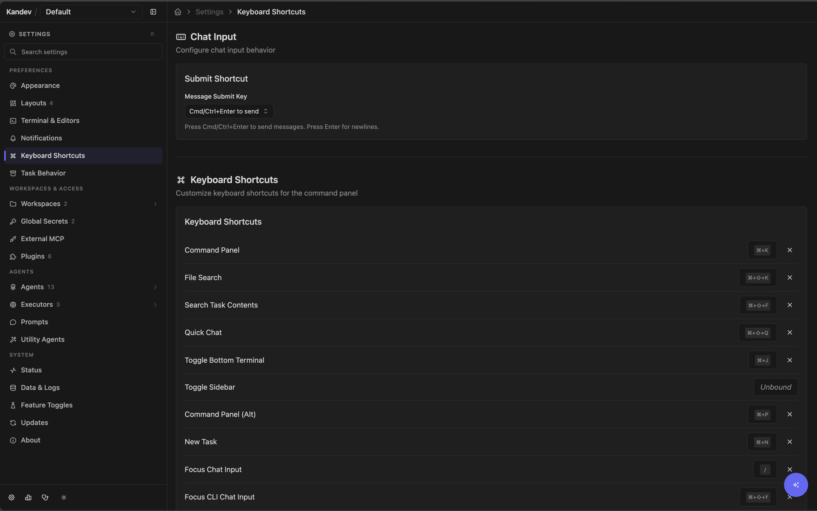 Settings > Preferences > Keyboard Shortcuts showing chat input and command panel bindings.