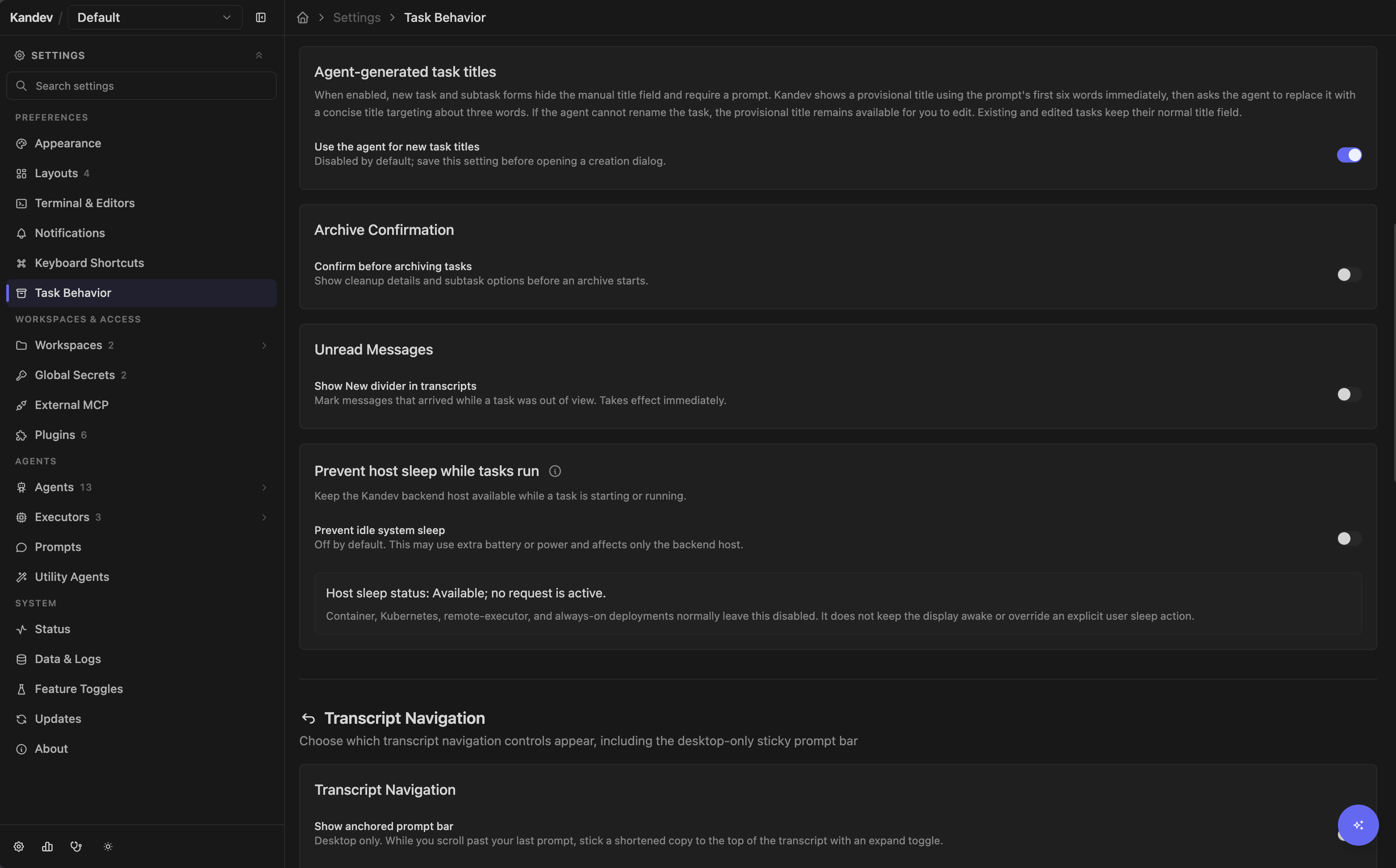 Settings > Preferences > Task Behavior showing task title, archive, unread message, and host sleep controls.