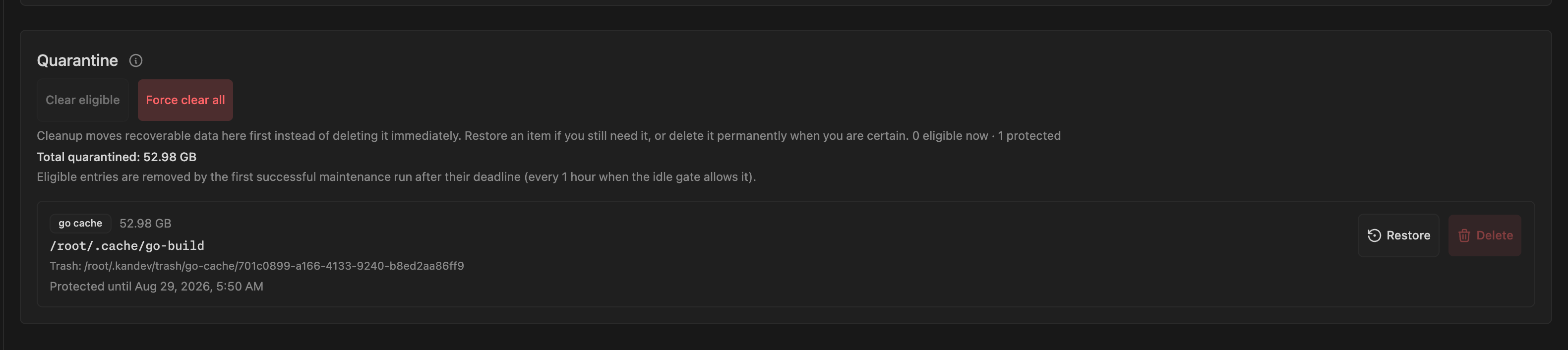 Settings > System > Data & Logs showing quarantined resources with restore, delete, and force-clear controls.